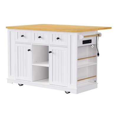 Grand îlot de cuisine de 53 pouces avec rallonge, prise de courant, support de rangement interne pour porte, chariot de cuisine sur roulettes sur 5 roulettes avec 5 supports latéraux ouverts pour la cuisine, la salle à manger, blanc (ne comprend pas le