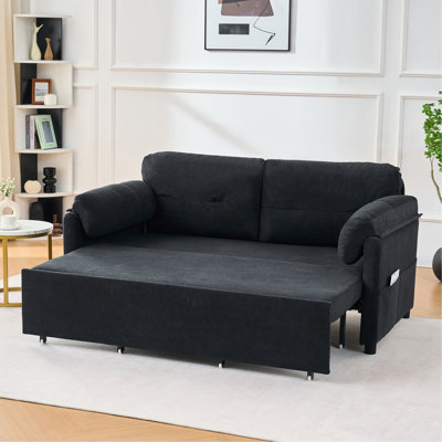 Canapé-lit noir en chenille 31 avec rangement latéral, rembourrage en éponge confortable pour lit de style artistique, pochette de rangement