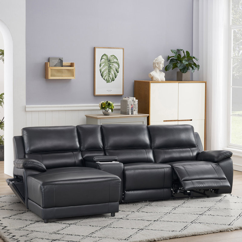 Carrabelle Leather Power Recliner Console,USB Port, Left Hand Facing, Black Genuine Leather