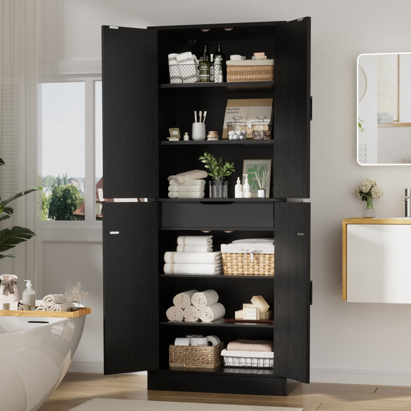 Armoire de salle de bain de 23,6 po x H 71 po x P 15,8 po avec 1 tiroir central et 4 portes, Noir