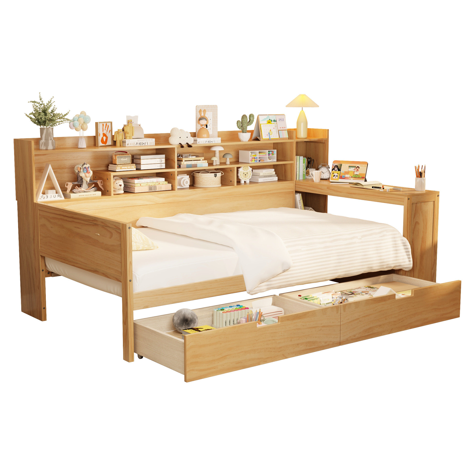 Latitude Run® Twin Size Wood Daybed With Versatile Storage And Desk ...