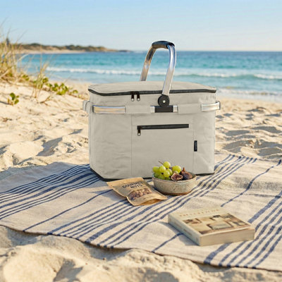  Panier de pique-nique isolé pliable avec couvercle couleur ivoire | Sac isotherme grande capacité | Panier de marché pliable avec poignées | Glacière portative pour l'extérieur