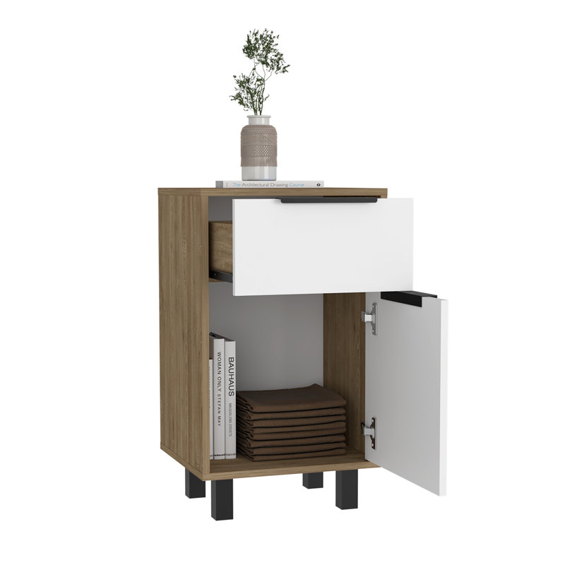 Table de chevet avec 1 tiroir et 1 armoire Kaia Z, Blanc / pin