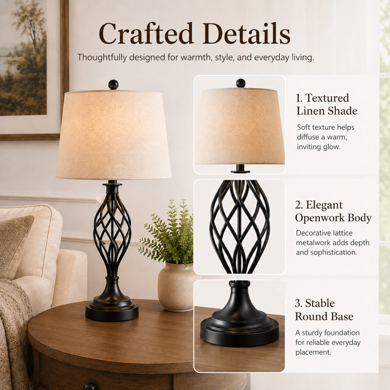 Gimbya Wrought Iron Floor and Table Lamp Set with 3-Way Dimmable Lighting, Black