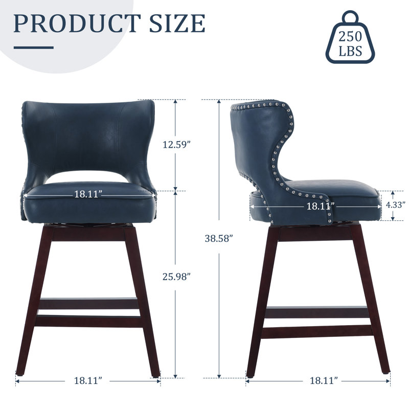 26" Solid Wood Swivel Counter Stool, Blue, 2