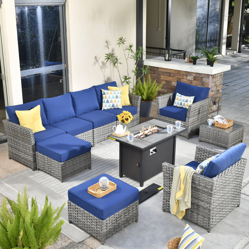Ensemble de conversation avec coussins 8 personnes Belby, Bleu marine