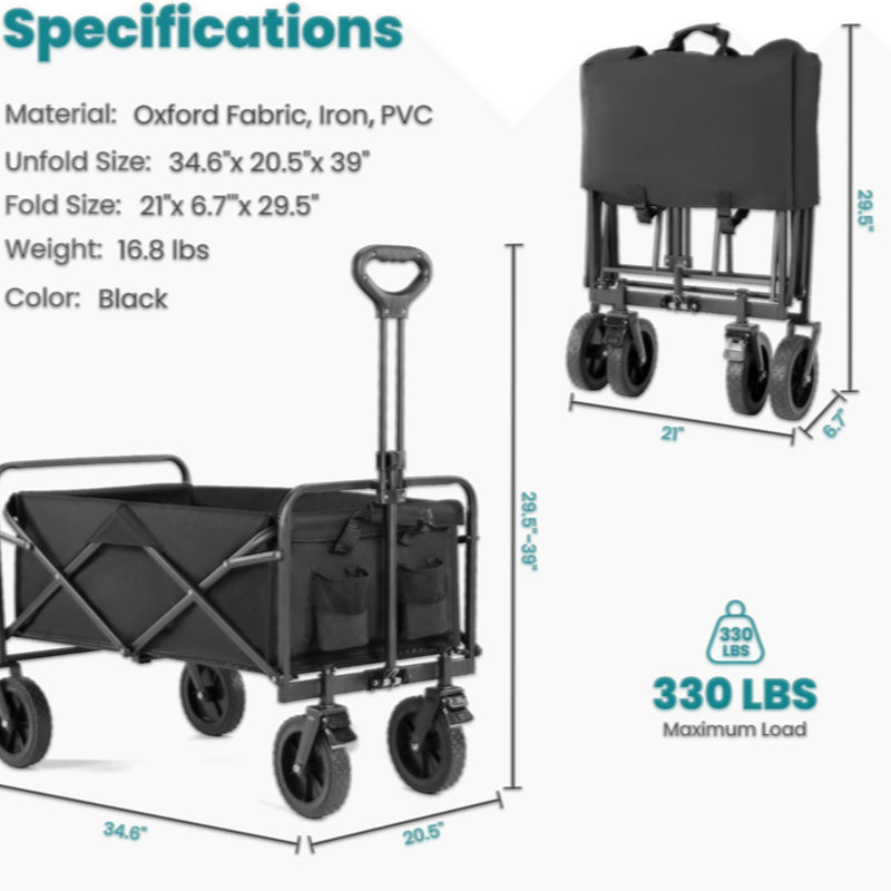 10.9 Cu. Ft. Black Metal Foldable Utility Wagon with Flat-Free Tires