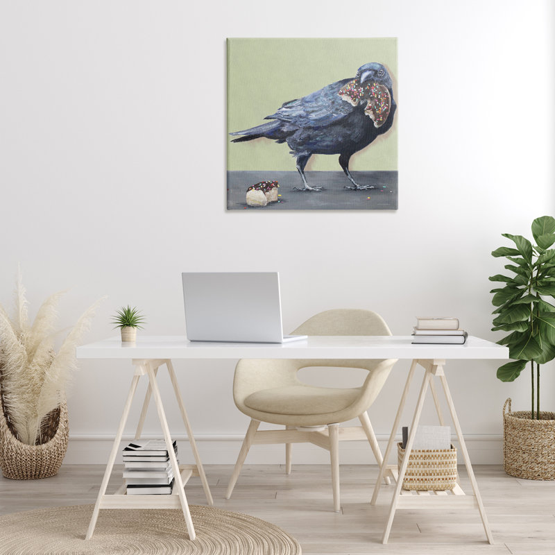 «Crow Eating Donut», art mural sur toile par Kamdon Kreations, H 17 po x l 17 po x P 1,5 po