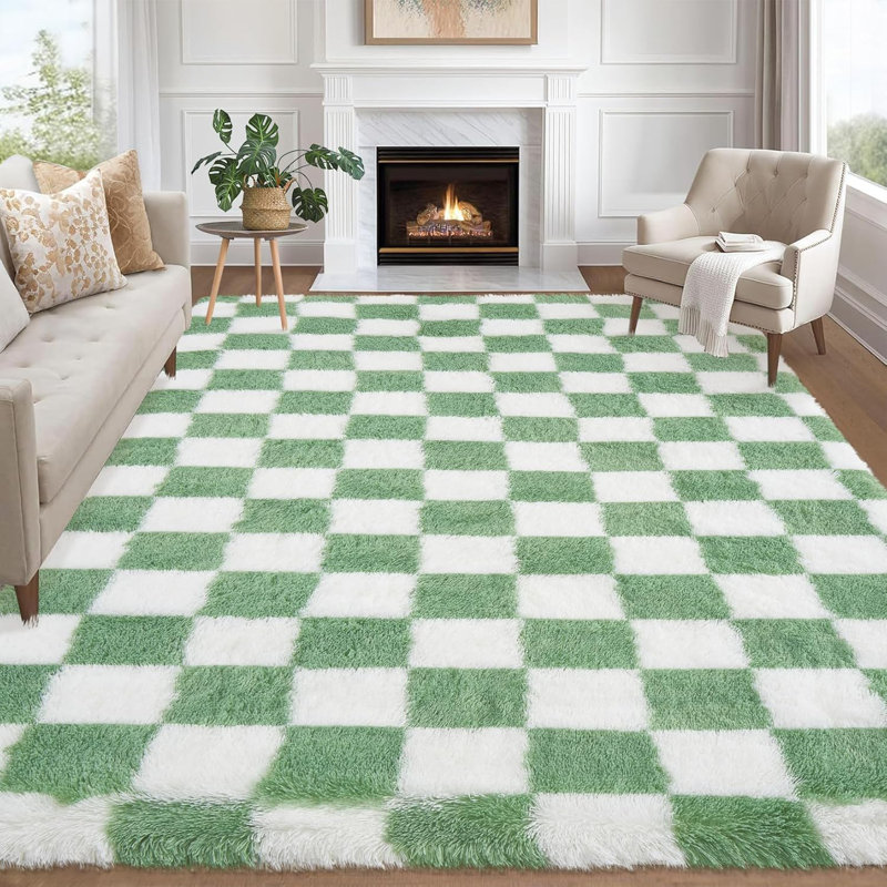 Tapis - Tapis en peluche damier lavable à la machine, antidérapant et résistant aux taches pour les couloirs, les entrées et les chambres