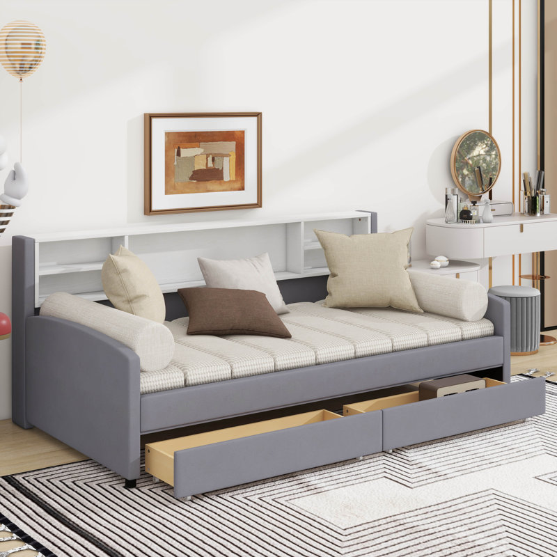 Lit plateforme simple tapissier avec tiroirs, Gris