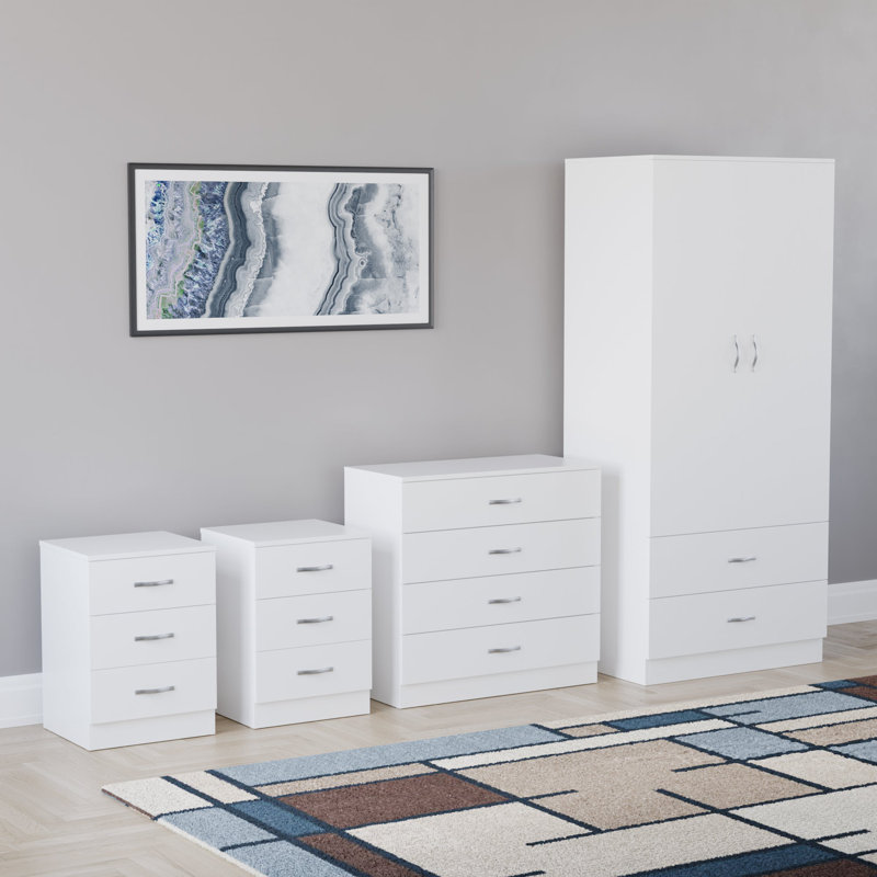 Tayce 4 Piece Bedroom Set (3 Drawer Bedside Chest X2, 4 Drawer Chest, 2 Door 2 Drawer Wardrobe), White