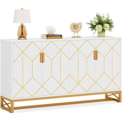 Buffet blanc et doré à 4 portes, crédence en MDF avec tablettes réglables, base en métal pour le salon, la cuisine et le bureau à domicile