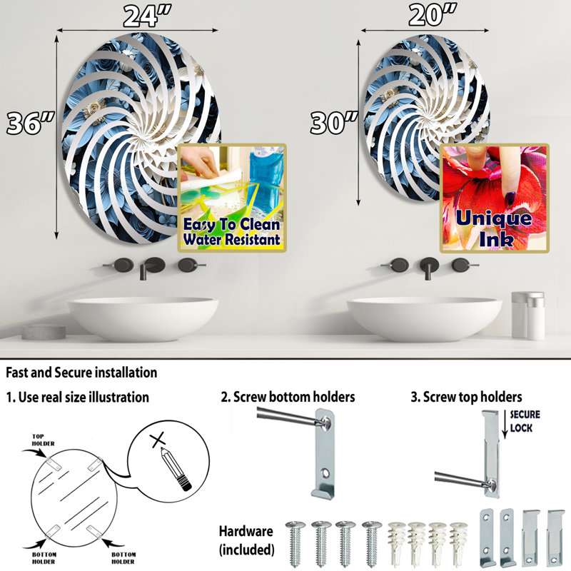 Miroir décoratif vortex blanc et bleu à motif de fleurs de poinsettias ovales, 29,5 po x 19,6 po