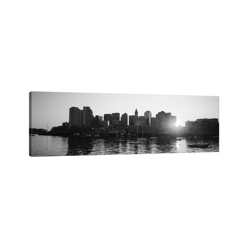 Sunset Over Skyscrapers, Boston, Massachusetts, USA (Black And White) by Panoramic Images - Wrapped Canvas Panoramic Print