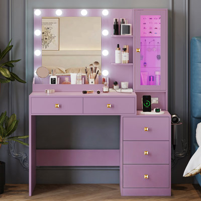 Meuble-lavabo moderne 39 po avec miroir lumineux à DEL, 5 tiroirs, prise de courant et organisateur de bijoux caché pour la chambre à coucher