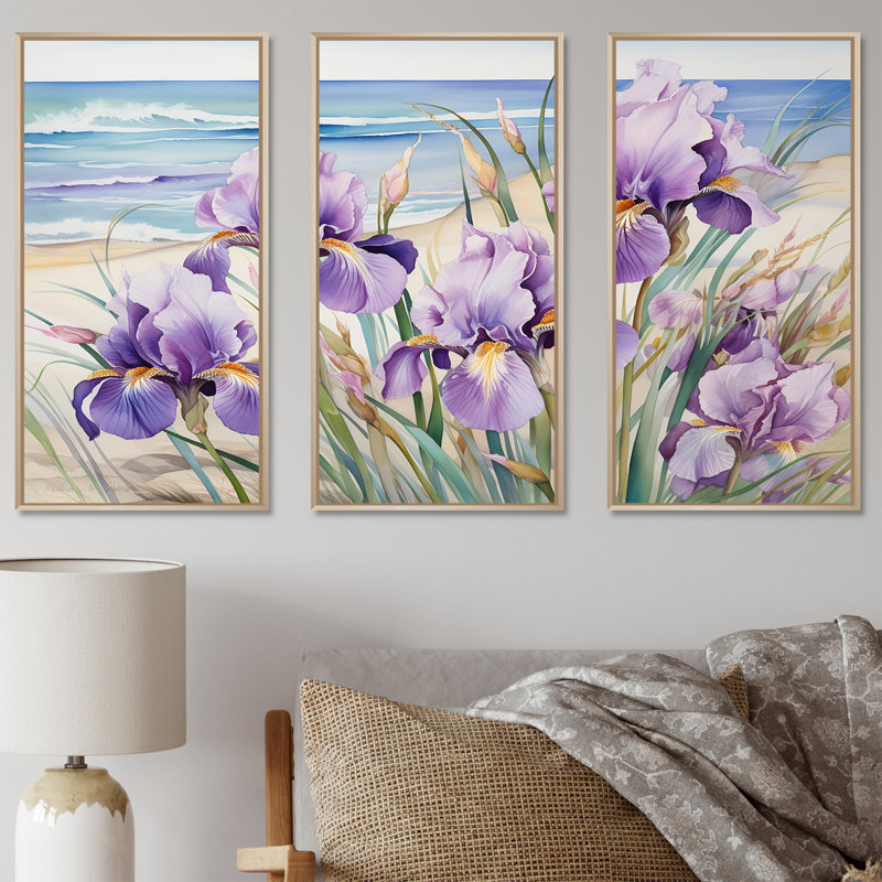 Iris mauves sur la plage - ensemble d'art sur toile Iris, Cadre naturel flottant, H 32 po x l 48 po x P 1 po