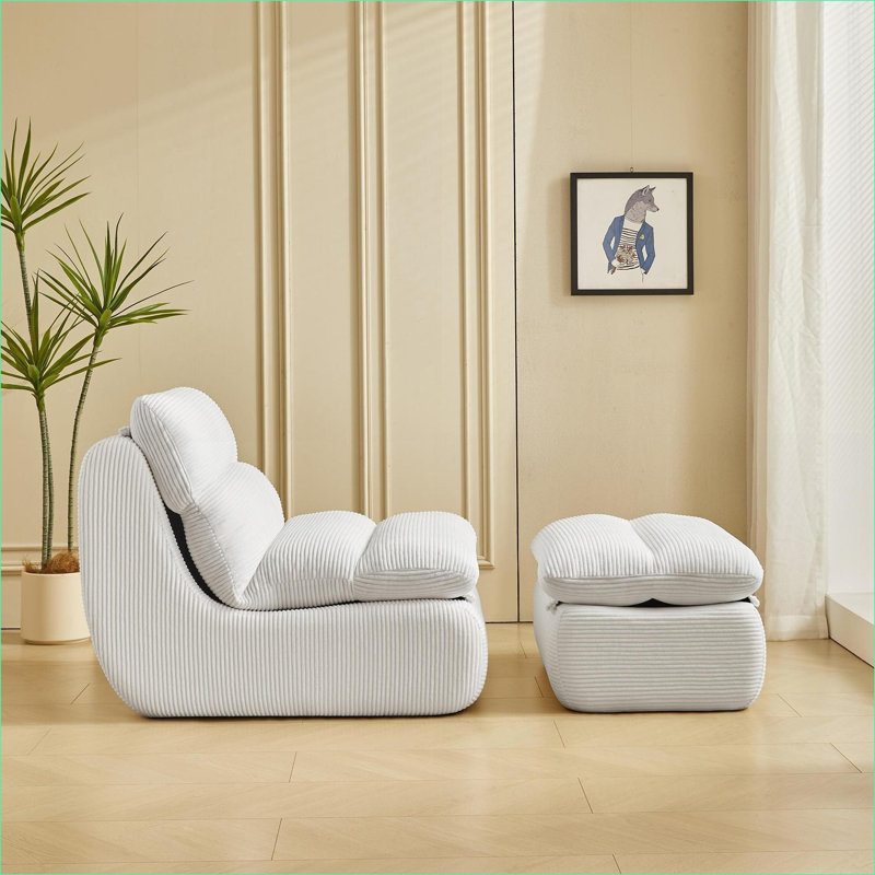 Méridienne avec repose-pieds | Fauteuil inclinable moderne en velours côtelé blanc cassé pour petits espaces, chambre à coucher | Velours côtelé | Standard