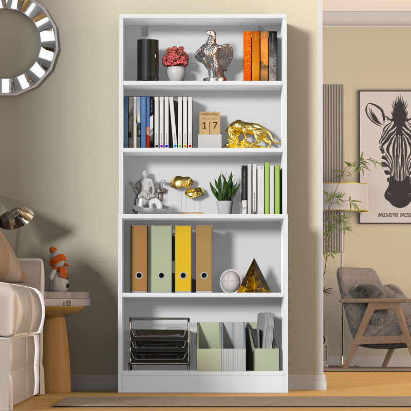 White 71" Tall 5-Tier Wood Bookshelf with Doors