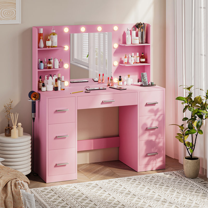 Makeup Vanity with USB Outlet & 3-Color Adjustable Lights - Large Storage Dressing Table with 7 Drawers, Side Hair Dryer Holder, Mirror for Bedroom