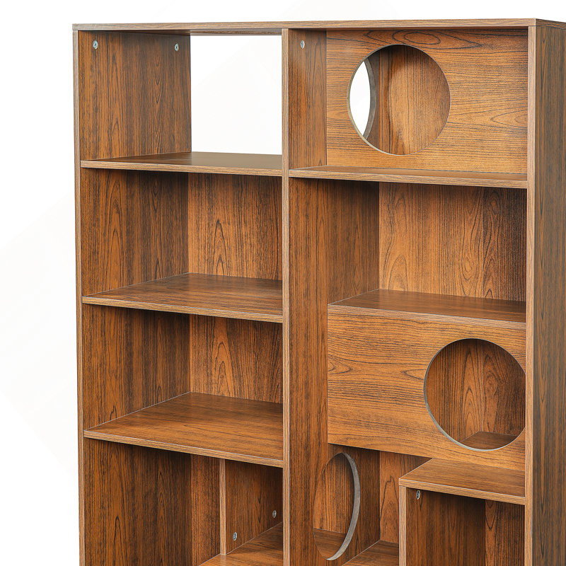 Bibliothèque pour chat moderne 2 en 1, étagère à chat avec rangement, litière pour chat et tablette d'escalade - Brun