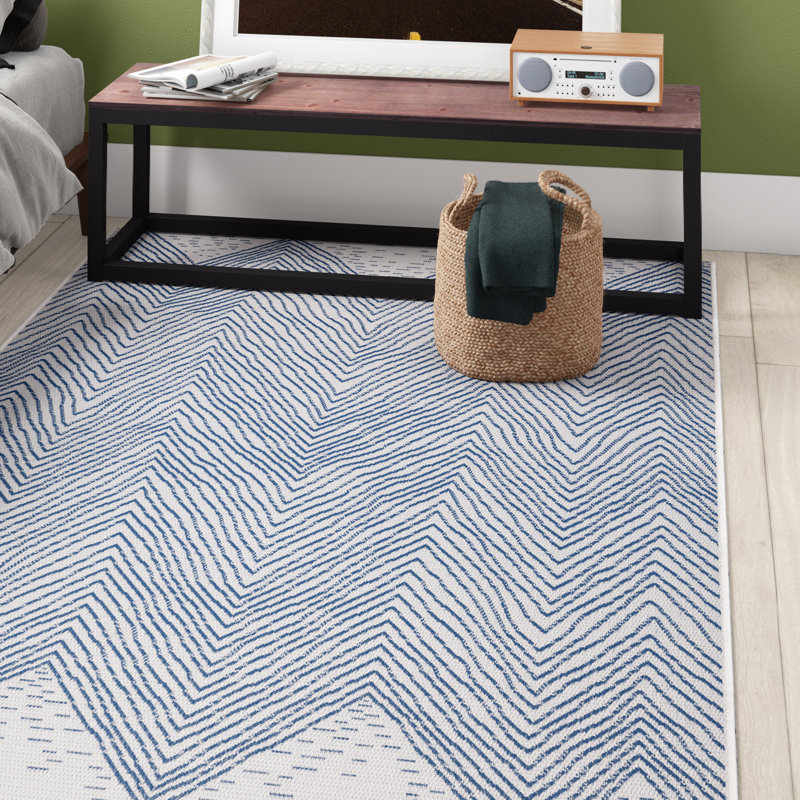 Dunham Abstract Indoor/Outdoor Area Rug for Living Room Patio Deck Front Porch Kitchen, Blue/Ivory, Rectangle 3'9" x 5'7"