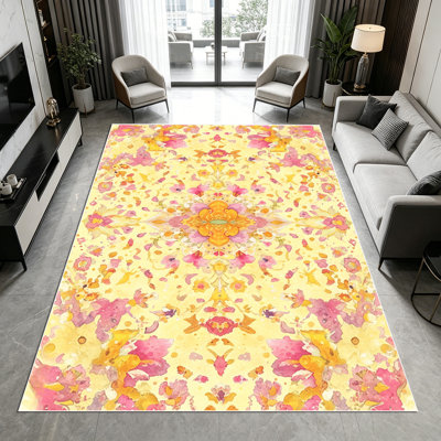 1 tapis de médaillon floral rose et jaune rétro pour le salon, doux et confortable, adapté à toutes les saisons, facile à entretenir, lavable à la machine, tapis de dessous de table convenant à la salle à manger, à la chambre à coucher, au vestibule, à la cuisine,