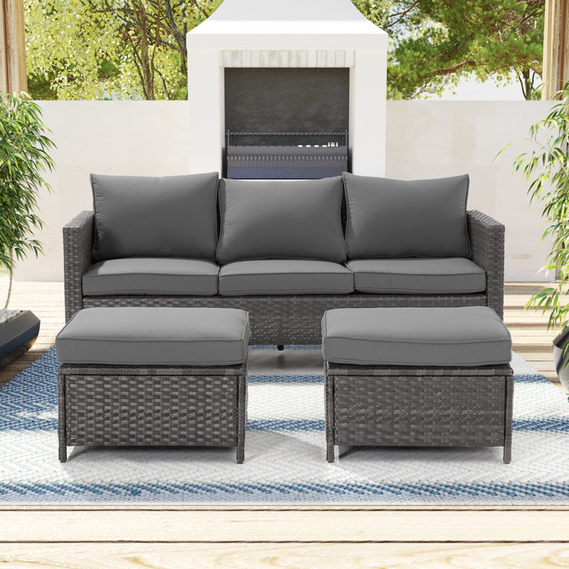 3-Set Outdoor Grey PE Wicker Furniture Wide Seat Conversation Couch Set Extra Ottomans Design for Lawn, Patio and Porch, Gray