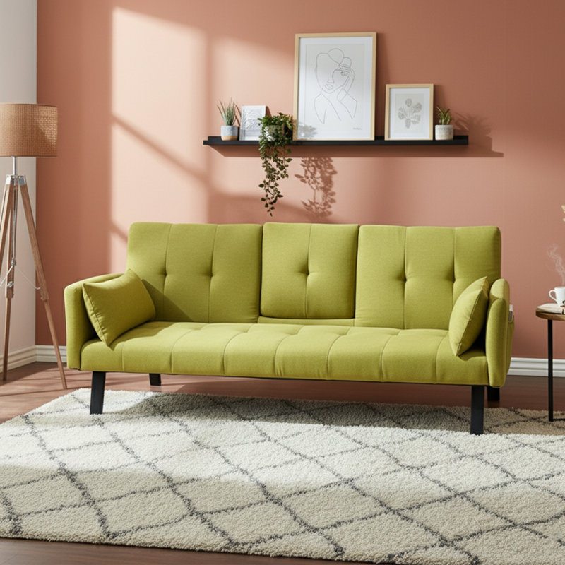  Canapé-lit 70 po en lin et coton convertible avec porte-gobelets et poches de rangement latérales, Vert