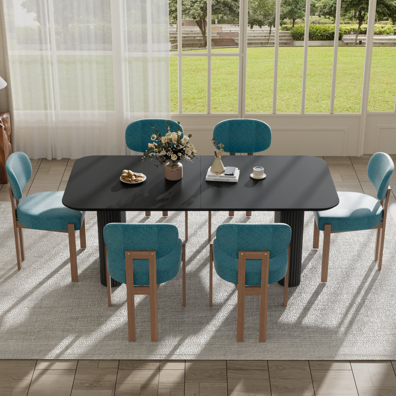Ensemble de table de salle à manger 70,9 po, Noir, 7 Pieces: Table, 6 Chairs, Sarcelle