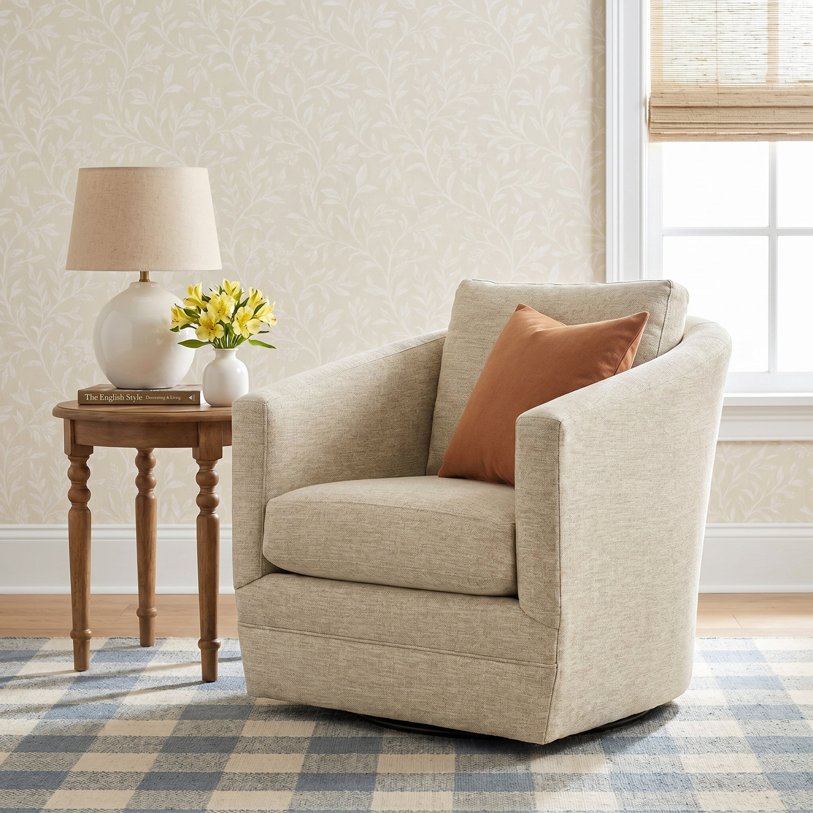 Mileva Upholstered Swivel Barrel Chair, Macarena Beige Performance