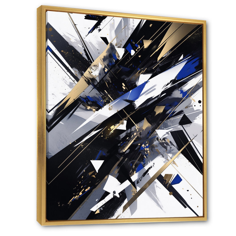 Symphonie cubiste noire sur blanc, H 32 po x l 24 po x P 1 po, Cadre flottant doré