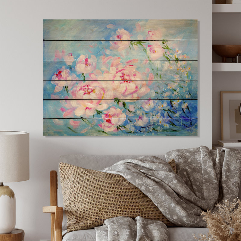 Bouquet de pivoines roses en fleurs - Peinture sur bois sans cadre, H 24 po x l 36 po x P 1 po