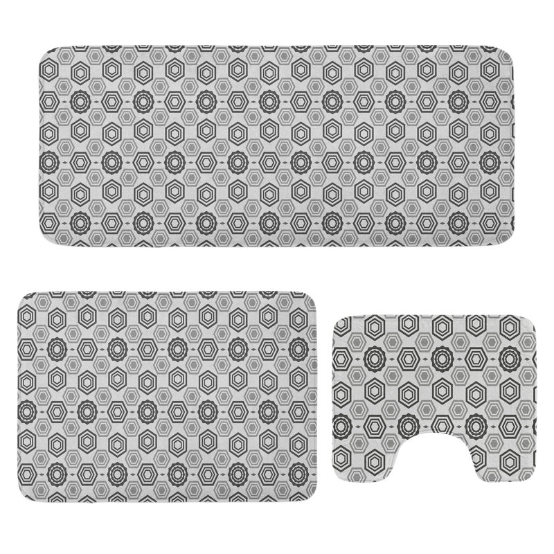  Geometric Bathroom Rug Set 3 Pieces U-Shape & Rectangle Mats Grey Pale Grey