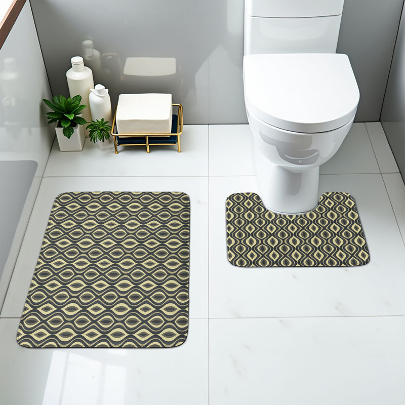  Geometric Bathroom Rug Set 2 Pieces Rectangle & Contour Mats Charcoal Grey Yellow