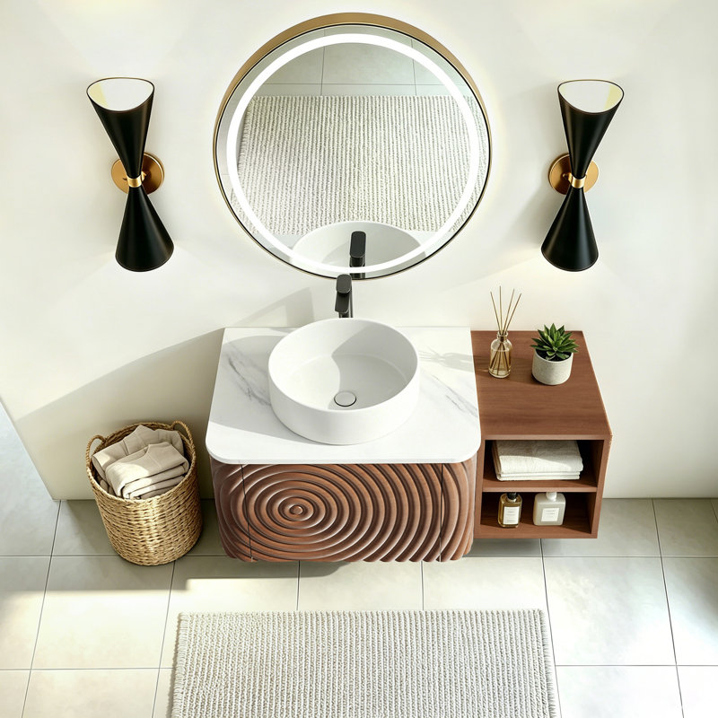 Ensemble de meuble-lavabo mural, lavabo de salle de bain flottant avec lavabo rond en céramique et armoire latérale, ensemble de meuble-lavabo texturé à ondulation d'eau pour les petits espaces, peu encombrant