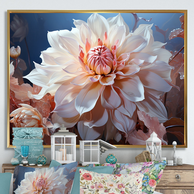 Rêves de dahlia rose en fleurs, L 32 po x H 16 po x P 1 po, Cadre flottant doré