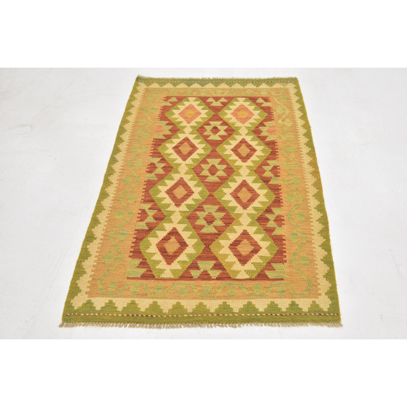 Tapis en laine rouge/vert 3 pi 2 po x 4 pi 10 po one-of-kind à la main-noué la new age Elland