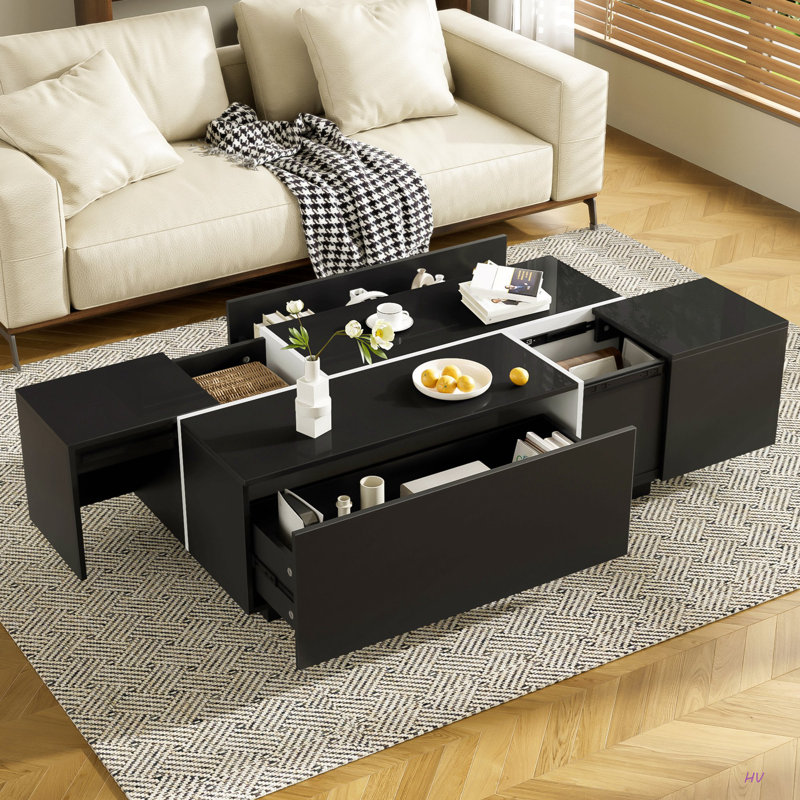 Table basse extensible de 47,2 po à 72,7 po, table basse multifonctionnelle avec finition ultrabrillante, table basse avec 2 espaces de rangement cachés et 2 tiroirs pour le salon