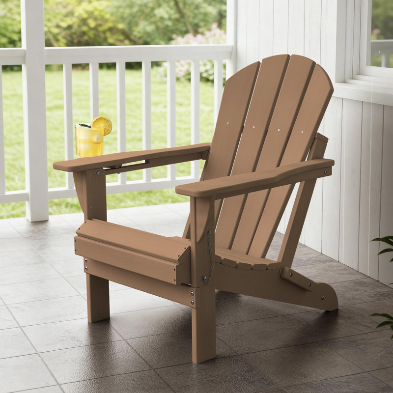 Hayfield HDPE Outdoor Foldable Adirondack Chair with Cup Holder Weather-Resistant , Teak