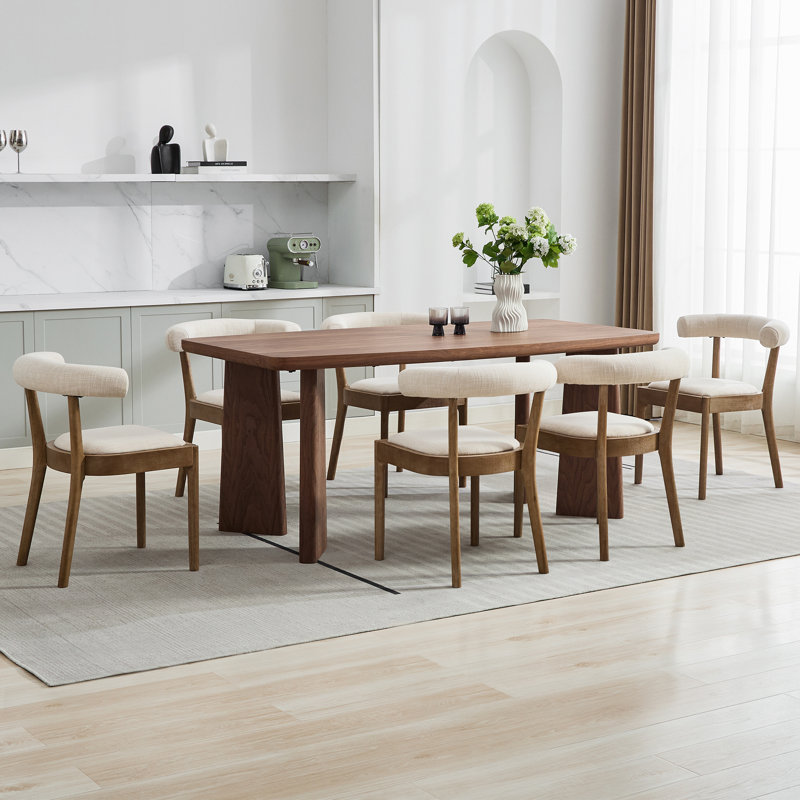 Ensemble de table à manger moderne, table de salle à manger rectangulaire et chaise de salle à manger rembourrée à dossier demi-tonneau avec structure en bois massif pour la salle à manger / cuisine