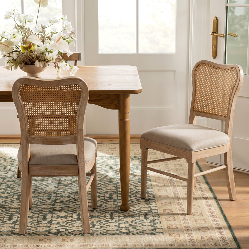 Orlando Farmhouse Acacia Wood Dining Chair with Woven Rattan Backrest & Fabric Cushion for Dining Room & Kitchen