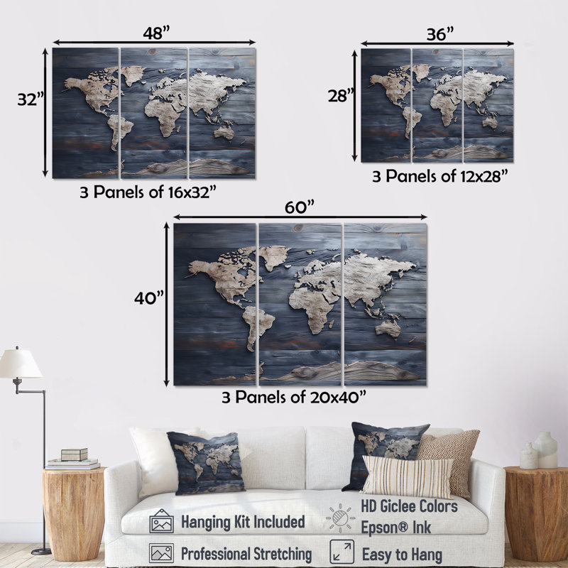 Rustic Route World Map I - Ensemble de décoration murale carte du monde, Toile tendue, H 40 po x l 60 po x P 1 po