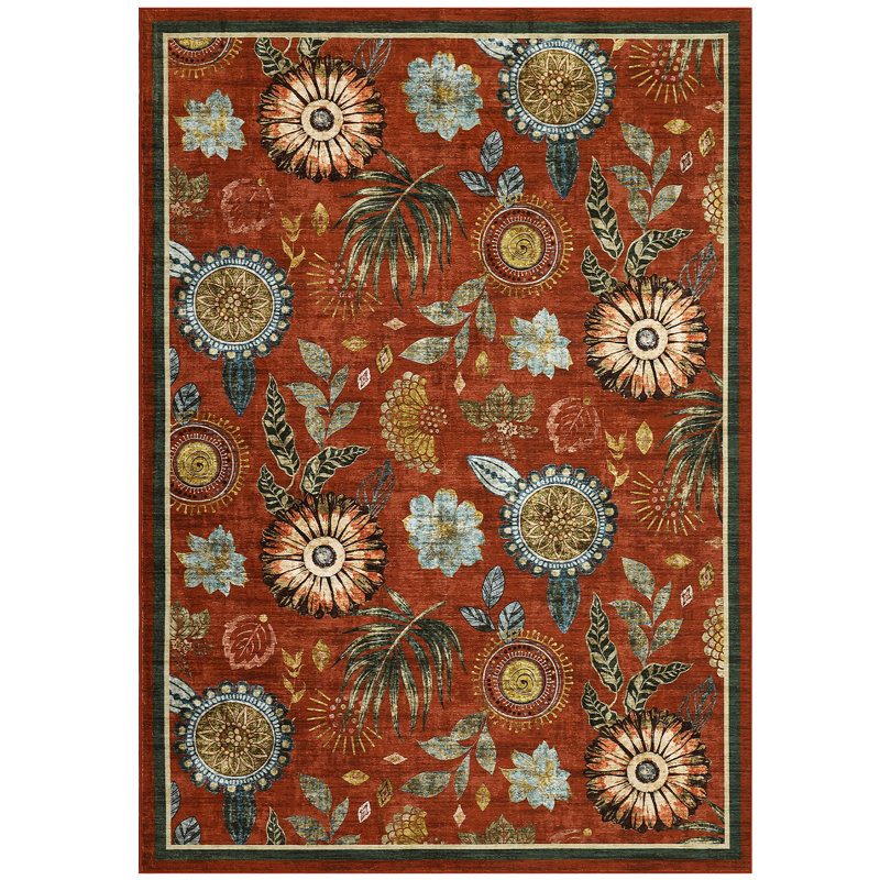 Floral Machine Washable Rug with Non Slip TPR Backing, Non Shedding Soft Low Pile Rug for Living Room Bedroom Nursery