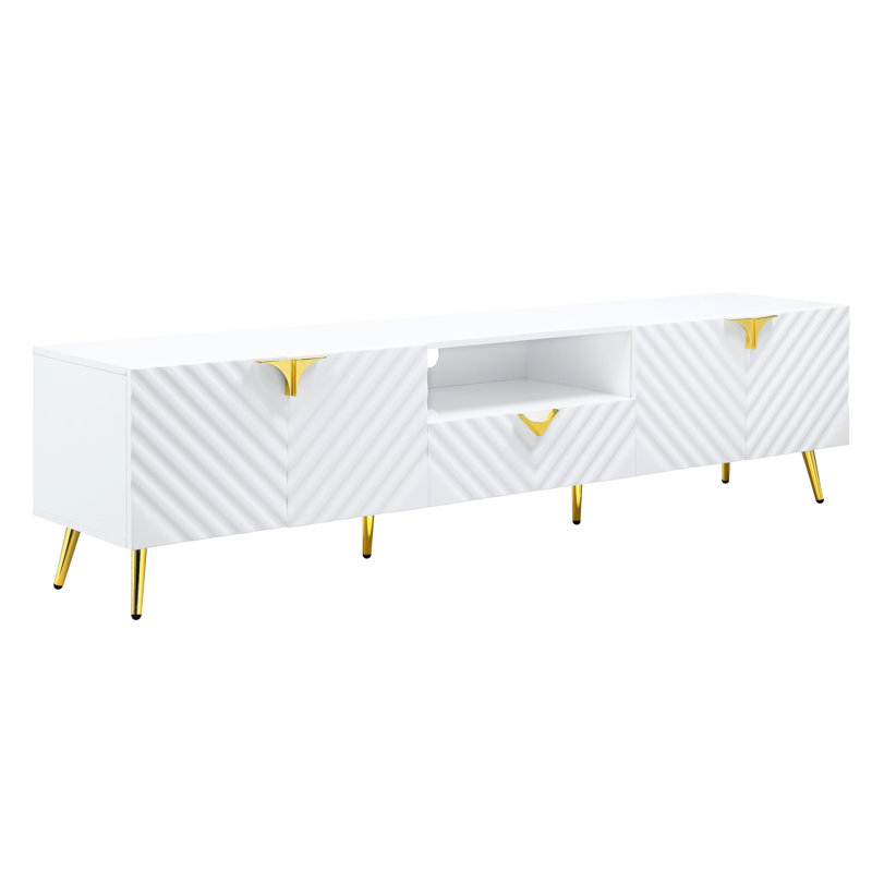 Élégant centre de divertissement blanc en bois composite avec tiroir de L 21 po x l 11 po et H 5 po, dimension intérieure, table de télévision moderne ultrabrillante, largeur 79,29 po, côté métallique