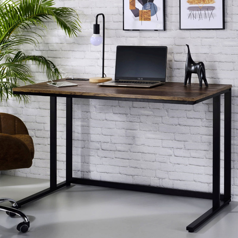 Bureau d'écriture avec port USB et fiche, bureau rectangulaire avec base en métal, Noyer / noir