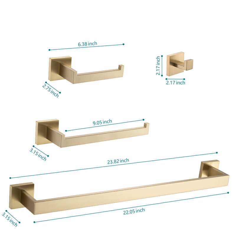 Brushed Gold Stainless Steel 4 Bathroom Hardware Assembly. Modern Look With Hidden Mounting Holes. Scratch-, Rust-. Effortless Installation For Any Area Fixture - Steel. Mounting. Scratch & Rust .