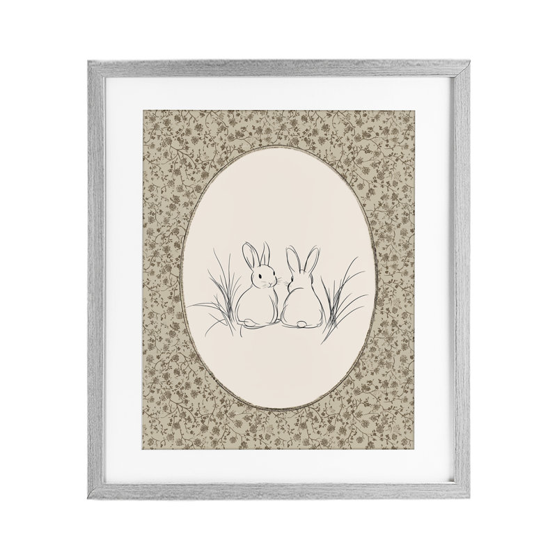 Reproduction sous verre rétro encadrée de bébés lapins, design par Ramona Murdock, H 16 po x l 13 po, Cadre de ferme gris