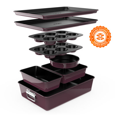 Ensemble de 8 plats de cuisson empilables antiadhésifs - Pfoa, Pfos, ensemble de plaques de cuisson sans PTFE avec revêtement antiadhésif, allant au four à 450 ° F, gâteau rond, pain, muffins, moules larges / carrés, plaque à biscuits