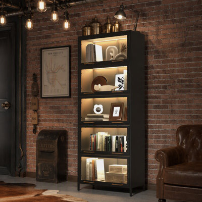 Vitrine de 76,75 po en fer avec portes en verre, bibliothèque à 5 niveaux en acier avec lumières DEL pour objets de collection, vitrine de style moderne pour la maison, le salon, le bureau, la salle de jeux et d'étude - noir