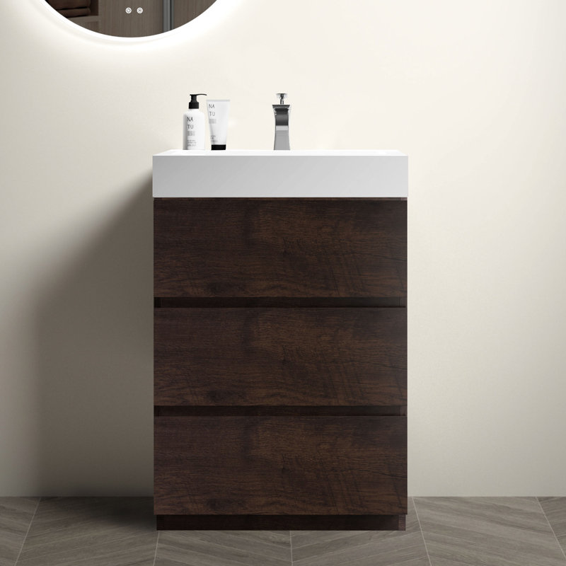 Bathroom Vanity 24" Walnut - Modern, Freestanding, Substantial Inner Storage, White Sink Basin, Drawer Slides, Pre-Assembled Furniture Modern Plentiful Large Storage Bathroom, Basin Sink, Silent
